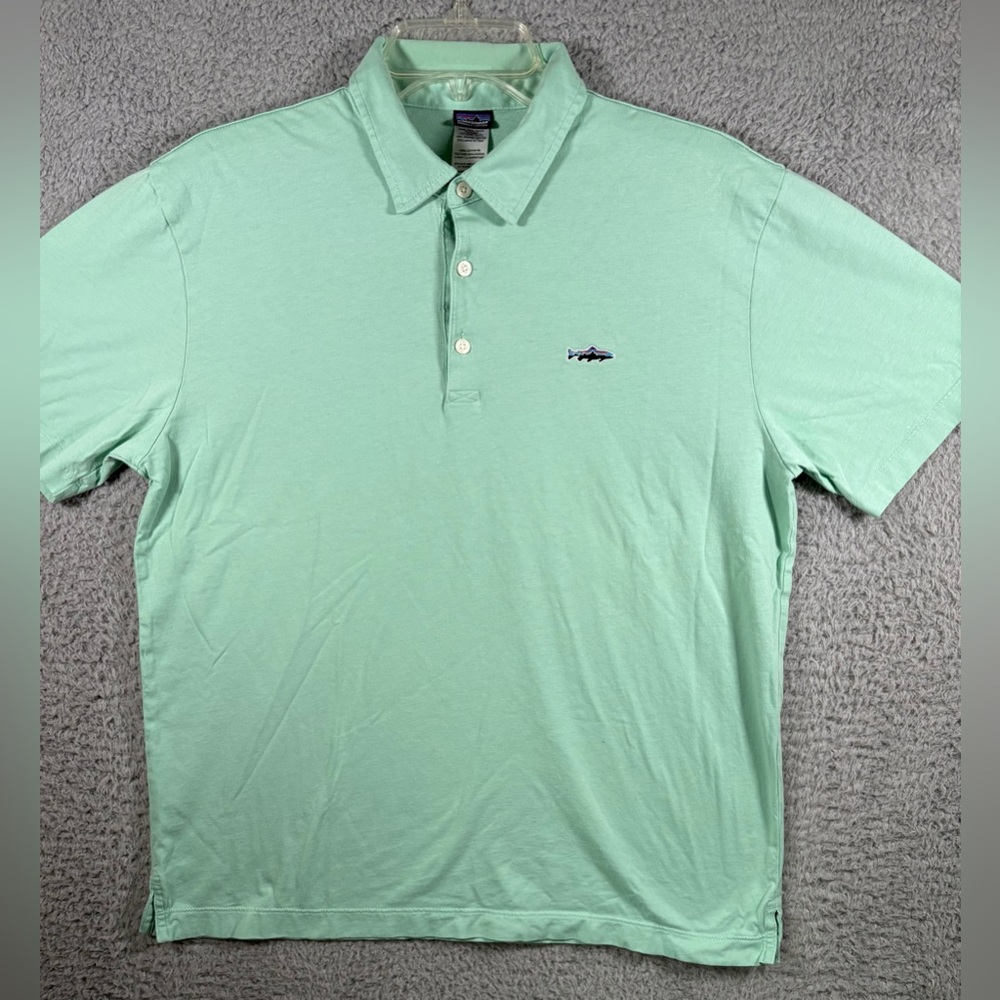 Patagonia Polo Shirt Mens Medium Mint Green Organic Cotton Trout Logo